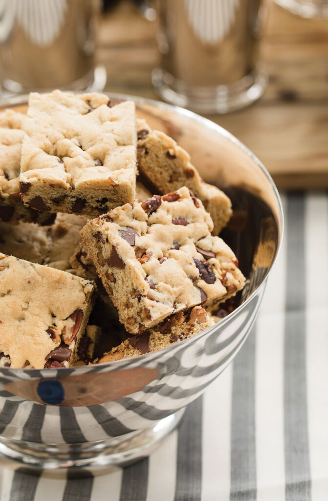 A bowl of Pecan Chocolate Chip Bars