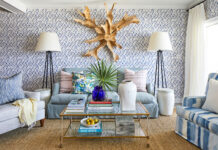 Colorful wallpapered living room