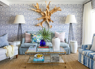 Colorful wallpapered living room