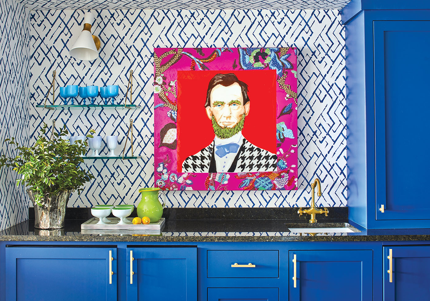 Wet bar with blue cabinets