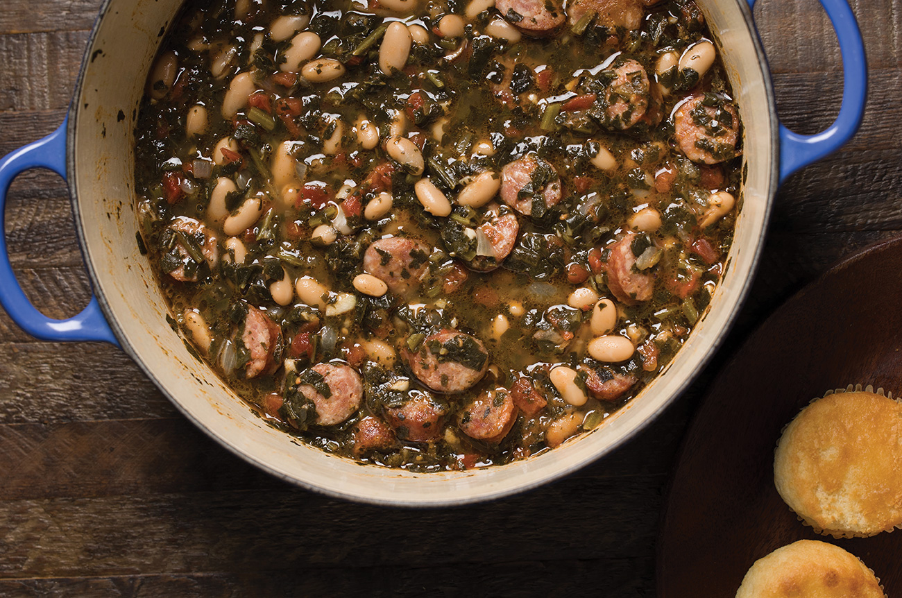 Pot of beans and greens soup