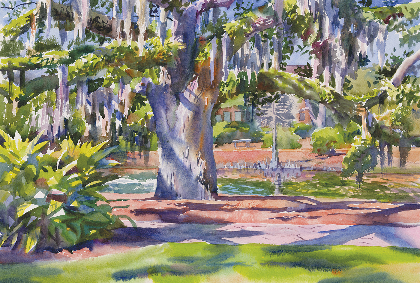 Watercolor painting of trees a The Grand Hotel in Fairhope, AL by Wyatt Waters