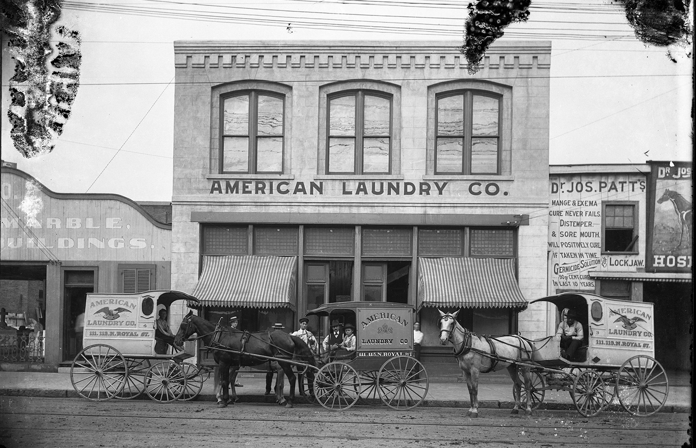 historic 1900s photograph of the American Laundry Company in downtown mobile al with horse and carriages in the front of the building.