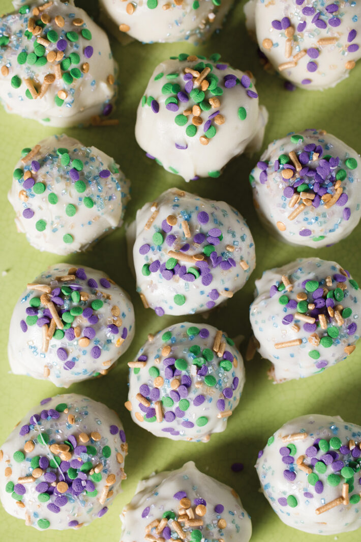 Moonpie Balls with purple, green and gold sprinkles