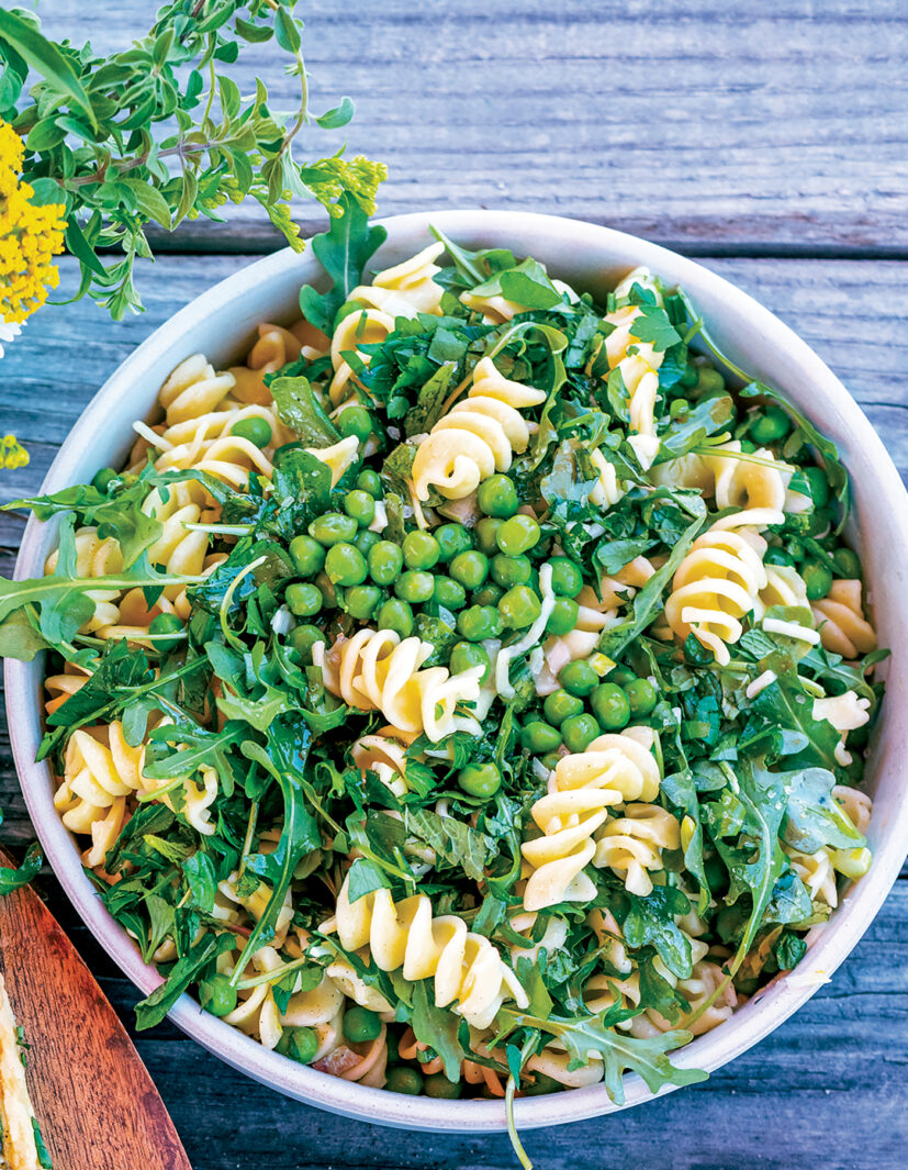 Vibrant Truffle Pea Pasta made from vegtables from the Giving Garden in Fairhope, AL.