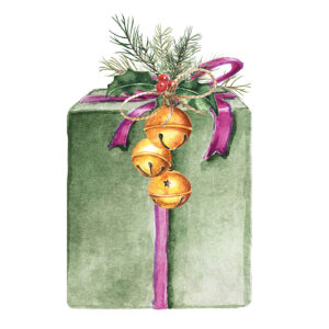green wrapped christmas present with purple wrippen and gold bells