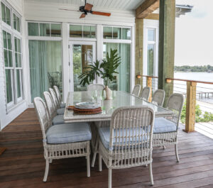 Outdoor Dining setup with a view of Ono Island