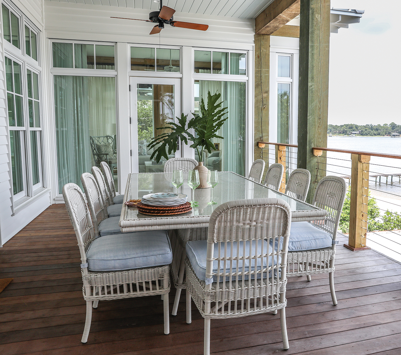 Outdoor Dining setup with a view of Ono Island