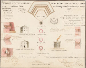 A paper blueprint of an 1817 plan of the works for Pass au Heron from the War Department’s Office of the Chief of Engineers.