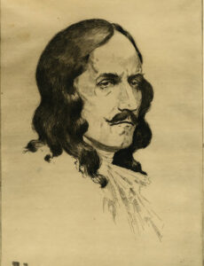 Black and white sketch of Antoine de La Mothe Cadillac by Charles A. Barker, circa 1930.