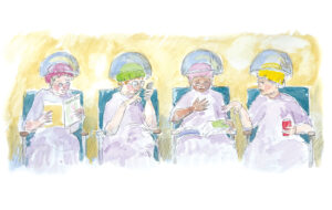 Illustration of women interacting while sitting in the dryer stations at a hair salon.