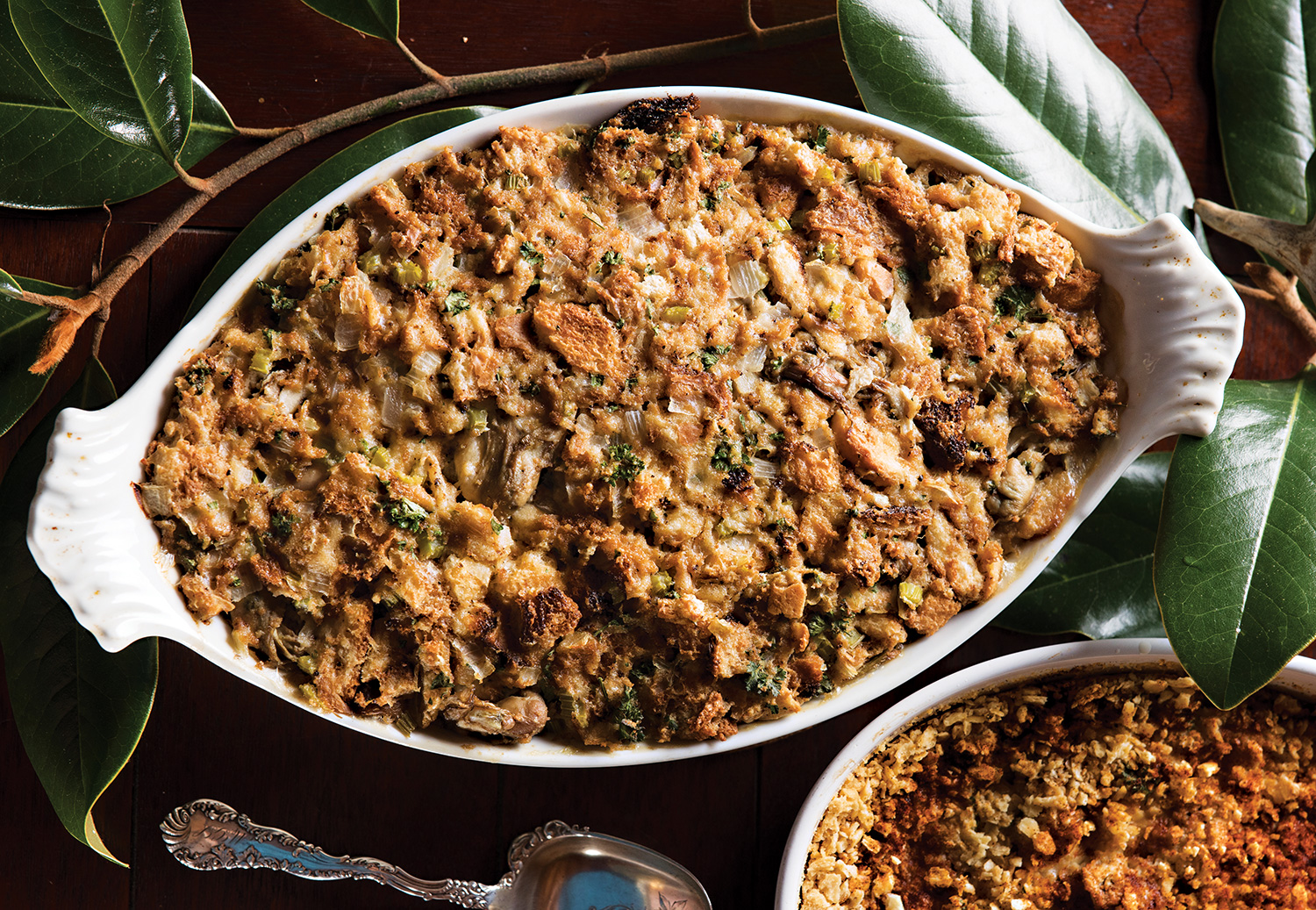 oyster dressing in a casserole dish