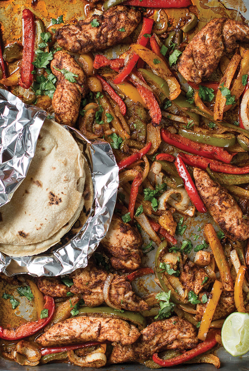 Chicken fajitas on a sheet pan